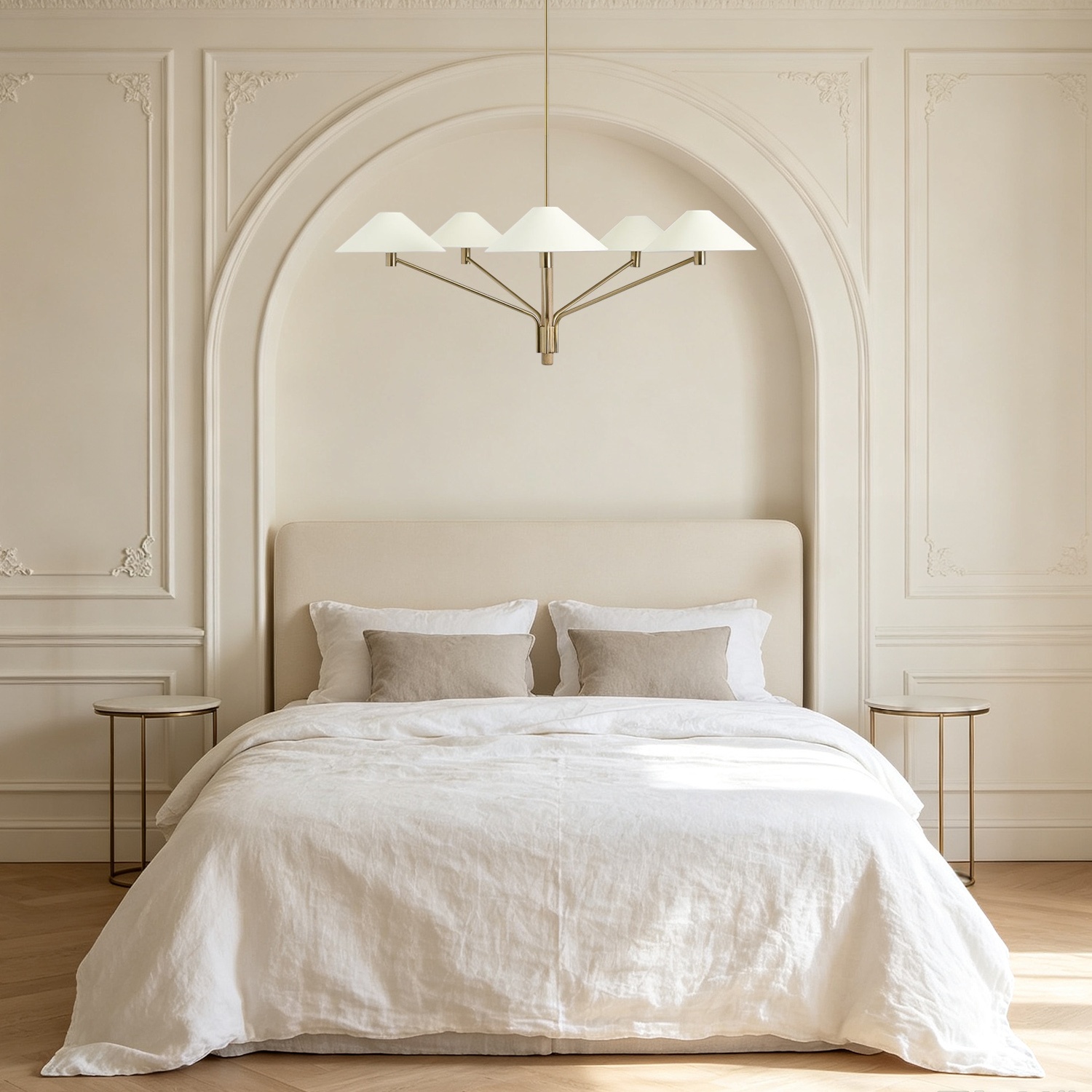 Modern 5-Light Chandelier, Mixed Material Brass Wood Chandelier, Paper Shade Pendant Light, Modern Natural Chandelier for Dining Room, Living Room, Entryway - Image 3