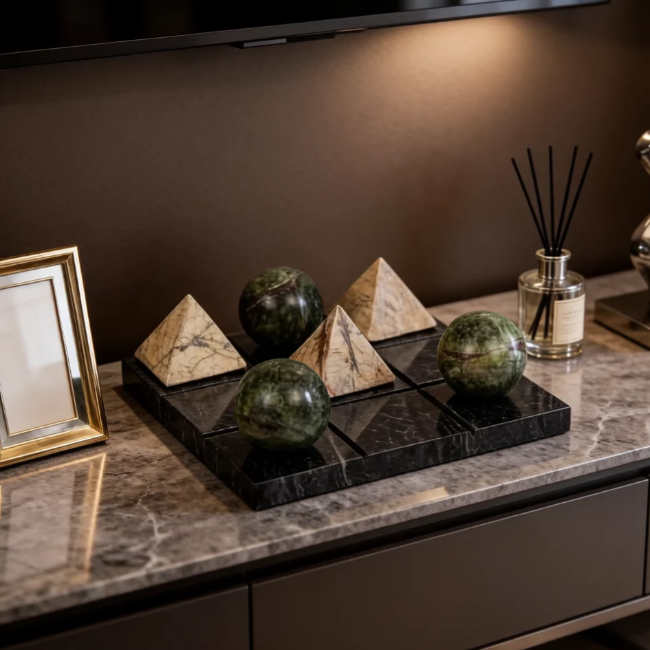 Luxury Marble Tic Tac Toe Set, Natural Stone Pyramid Sphere Noughts and Crosses, Luxury Coffee Table Decor for Living Room, Bedroom, Entryway - Image 5