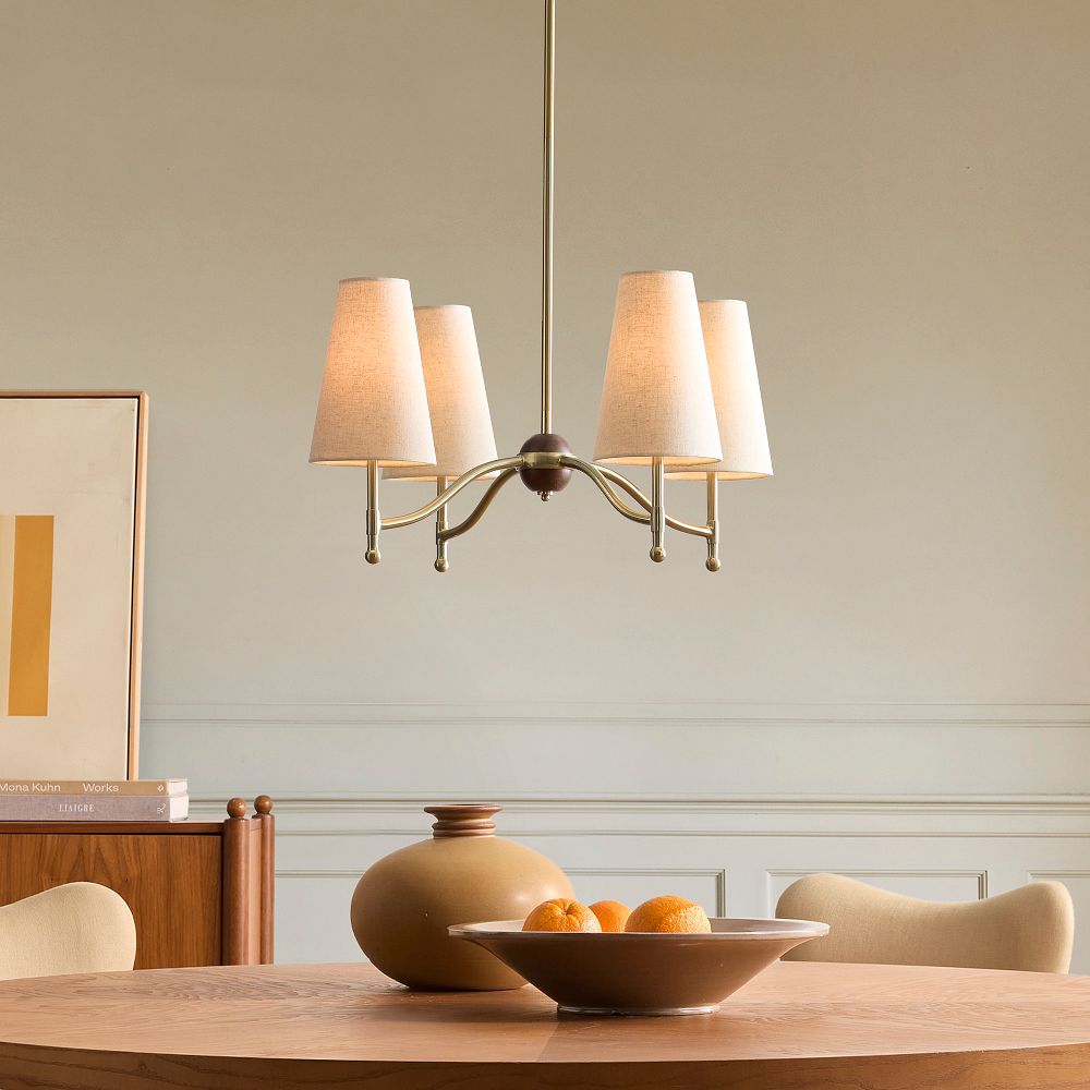 4-Light Chandelier, Antique Brass Chandelier with Linen Shades, Rustic Art Deco Pendant Light for Dining Room, Living Room, Entryway - Image 3