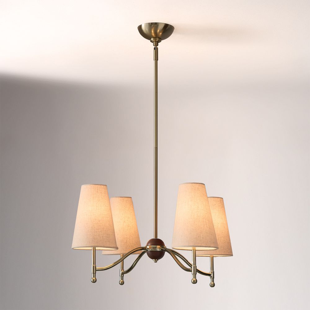4-Light Chandelier, Antique Brass Chandelier with Linen Shades, Rustic Art Deco Pendant Light for Dining Room, Living Room, Entryway