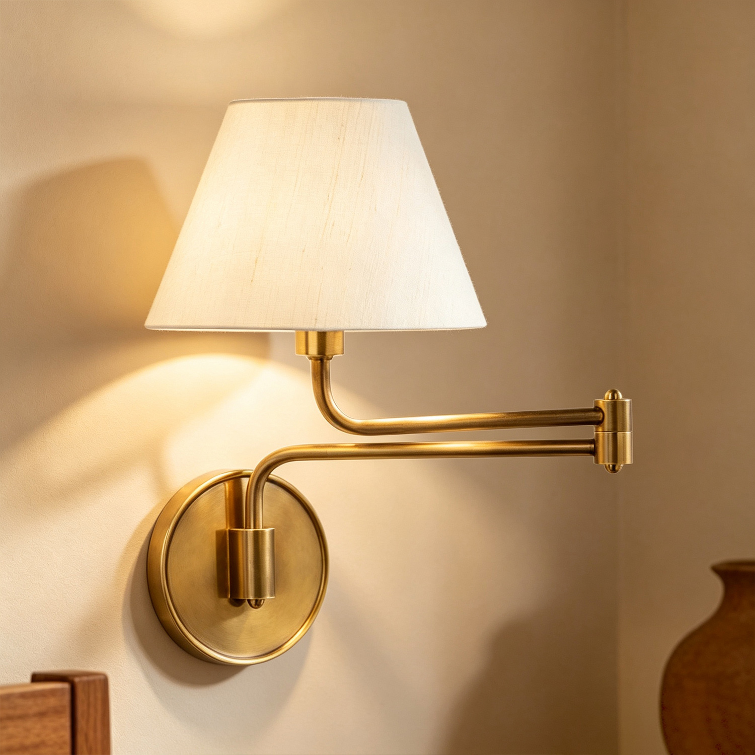 Ivory Silk Articulating Wall Sconce, Brass Swing Arm Wall Lamp, Adjustable Reading Light for Bedroom, Study, Living Room - Image 12