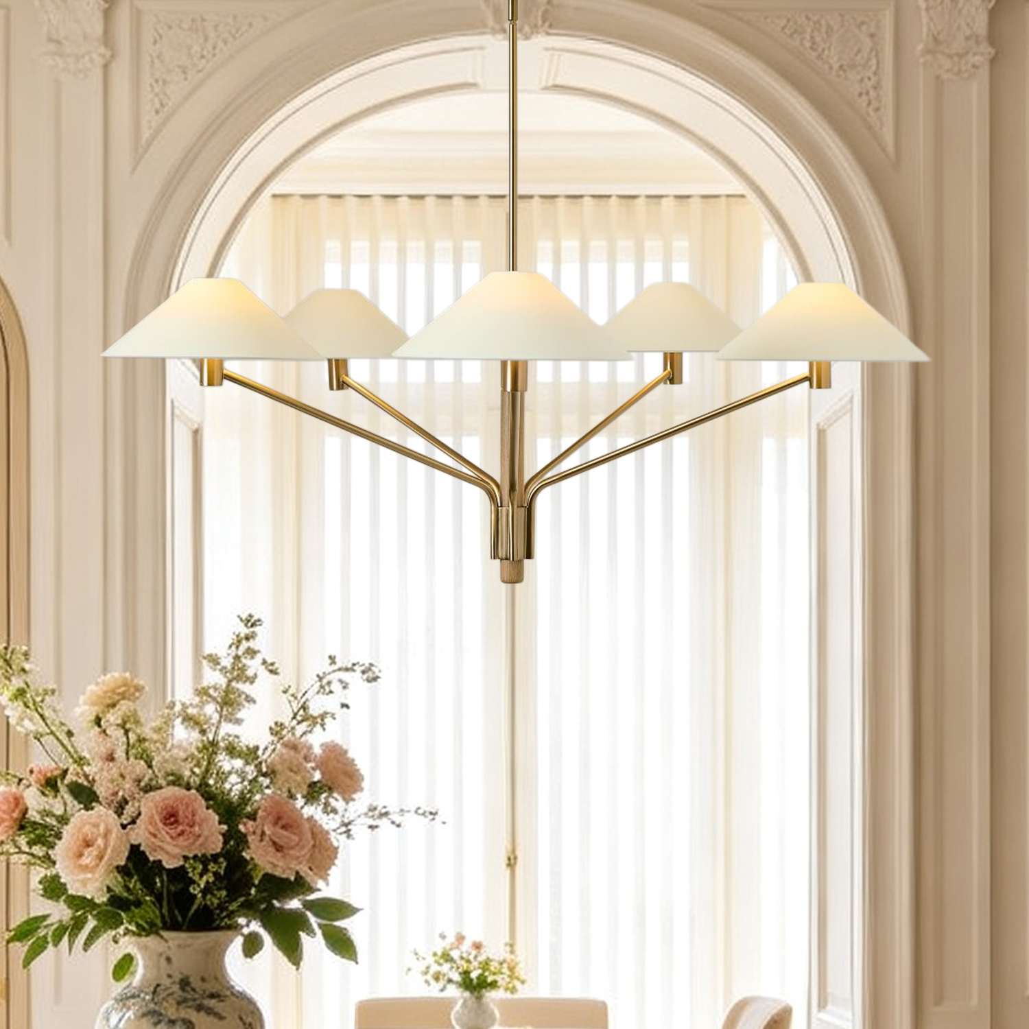 Modern 5-Light Chandelier, Mixed Material Brass Wood Chandelier, Paper Shade Pendant Light, Modern Natural Chandelier for Dining Room, Living Room, Entryway
