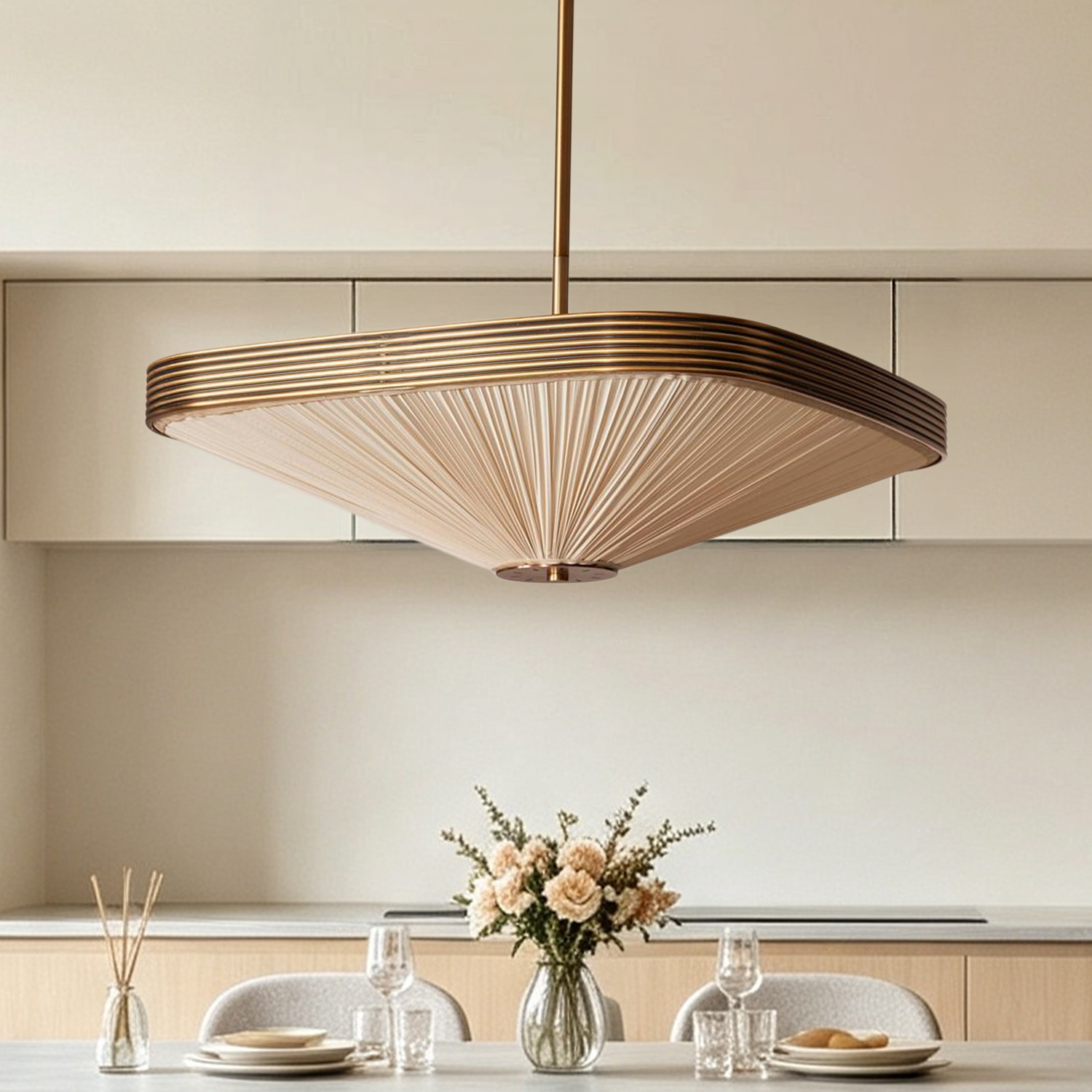 Ribbed Brass Square Pendant Light, Cream Pleated Silk Hanging Lamp for Living Room, Kitchen Island, Foyer - Image 12