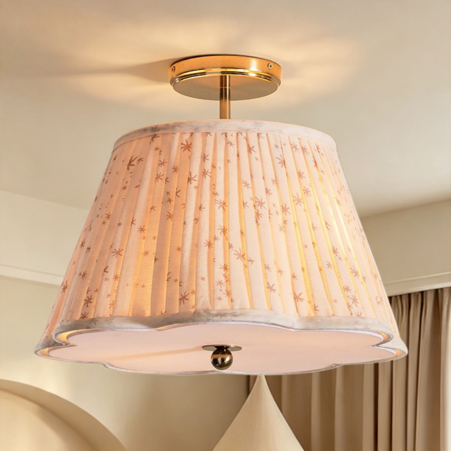 Pleated Starlight Semi Flush Mount, Cotton Star Print Ceiling Lamp, Antique Brass Nursery Light for Bedroom, Kids Room, Hallway