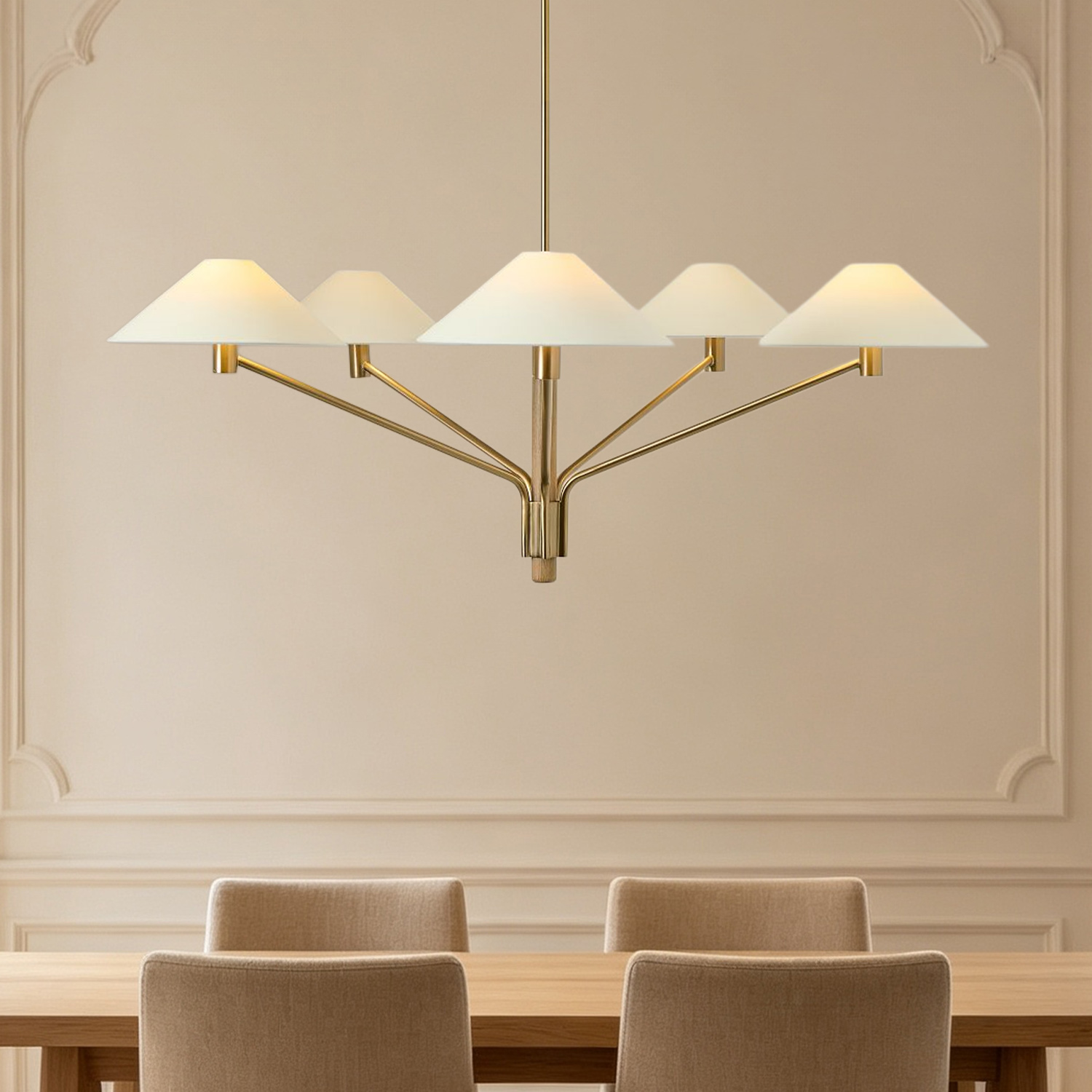 Modern 5-Light Chandelier, Mixed Material Brass Wood Chandelier, Paper Shade Pendant Light, Modern Natural Chandelier for Dining Room, Living Room, Entryway - Image 10