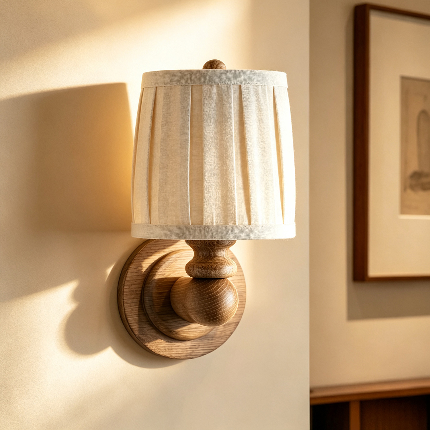 Turned Wood Sconce, Pleated Linen Sconce, Rustic Wall Lamp for Living Room, Bedroom, Entryway