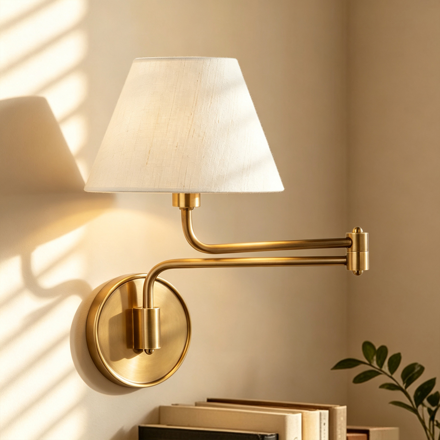 Ivory Silk Articulating Wall Sconce, Brass Swing Arm Wall Lamp, Adjustable Reading Light for Bedroom, Study, Living Room