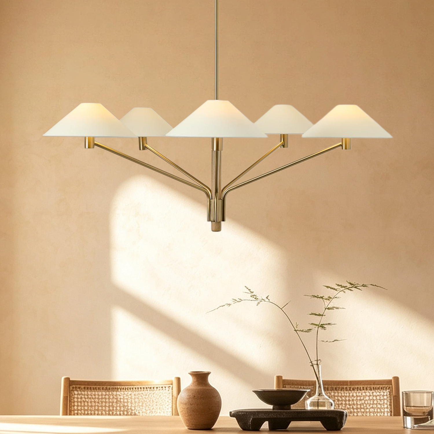 Modern 5-Light Chandelier, Mixed Material Brass Wood Chandelier, Paper Shade Pendant Light, Modern Natural Chandelier for Dining Room, Living Room, Entryway - Image 11
