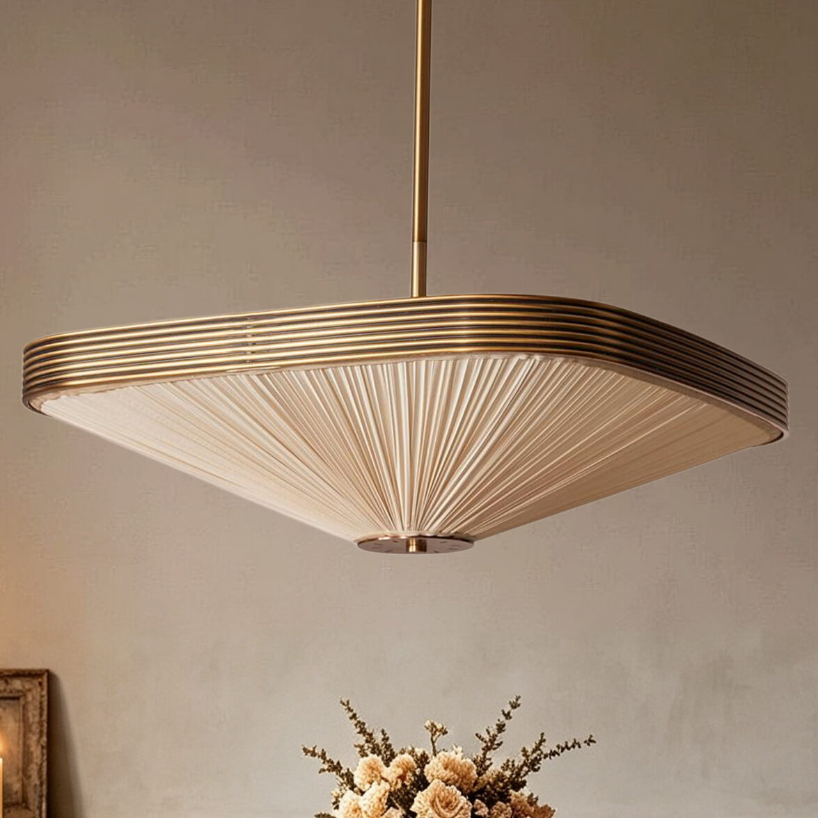 Ribbed Brass Square Pendant Light, Cream Pleated Silk Hanging Lamp for Living Room, Kitchen Island, Foyer