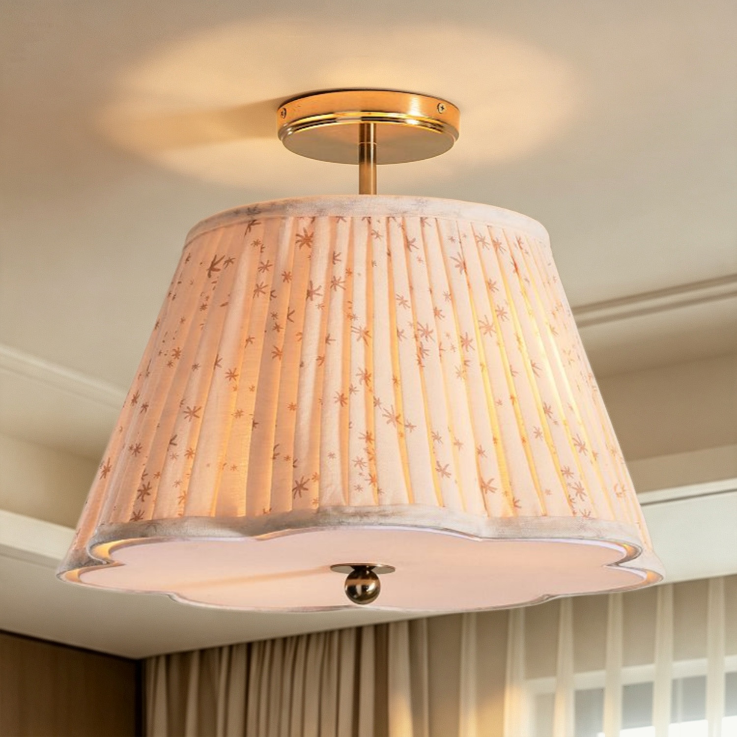 Pleated Starlight Semi Flush Mount, Cotton Star Print Ceiling Lamp, Antique Brass Nursery Light for Bedroom, Kids Room, Hallway - Image 18