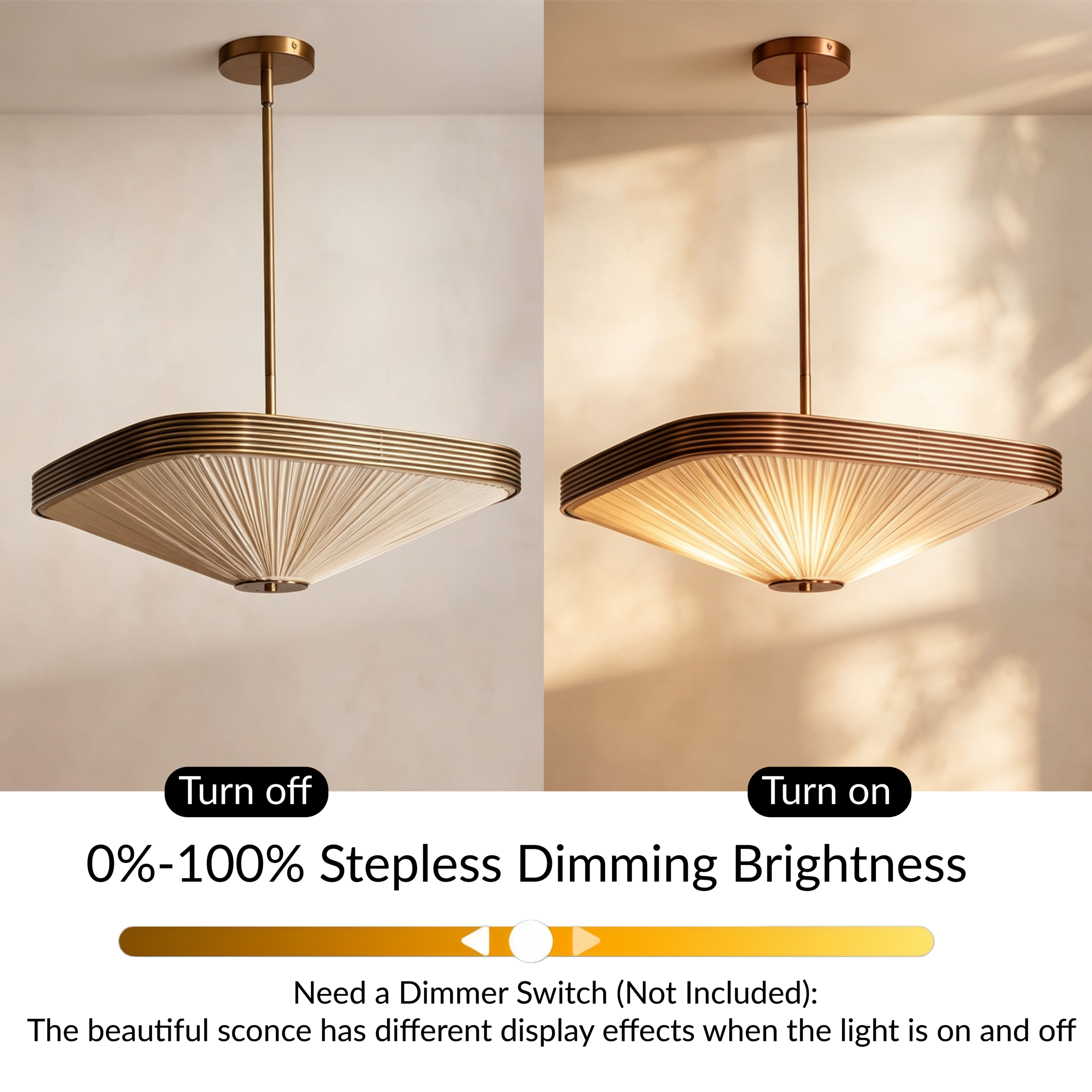 Ribbed Brass Square Pendant Light, Cream Pleated Silk Hanging Lamp for Living Room, Kitchen Island, Foyer - Image 11