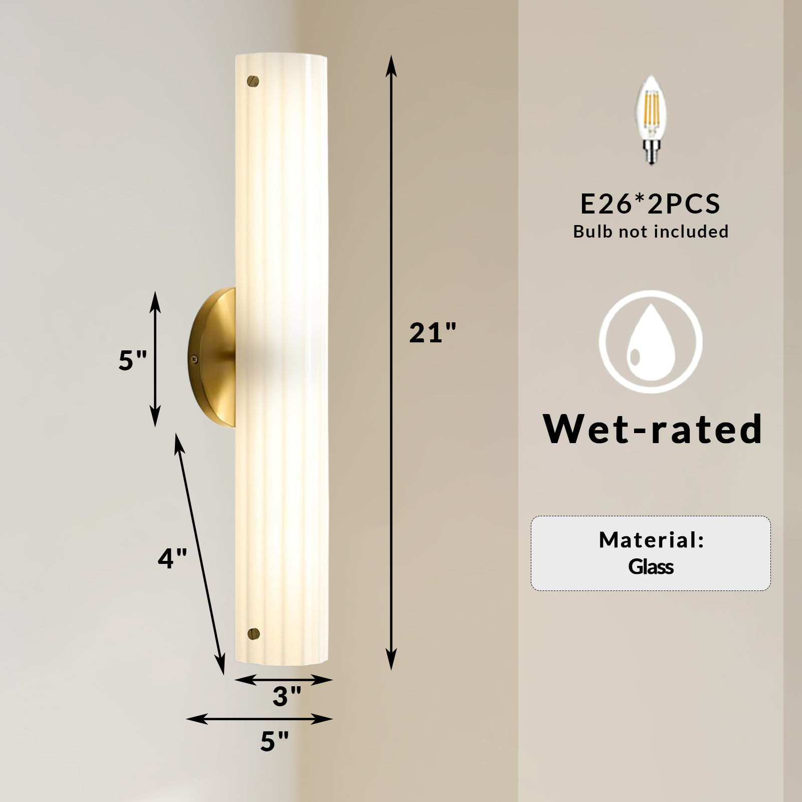 Fluted Glass Wall Sconce, Modern Cylinder Wall Lamp, Brass Finish Sconce Light for Bathroom, Bedroom, Hallway & Covered Outdoor Spaces - Image 10