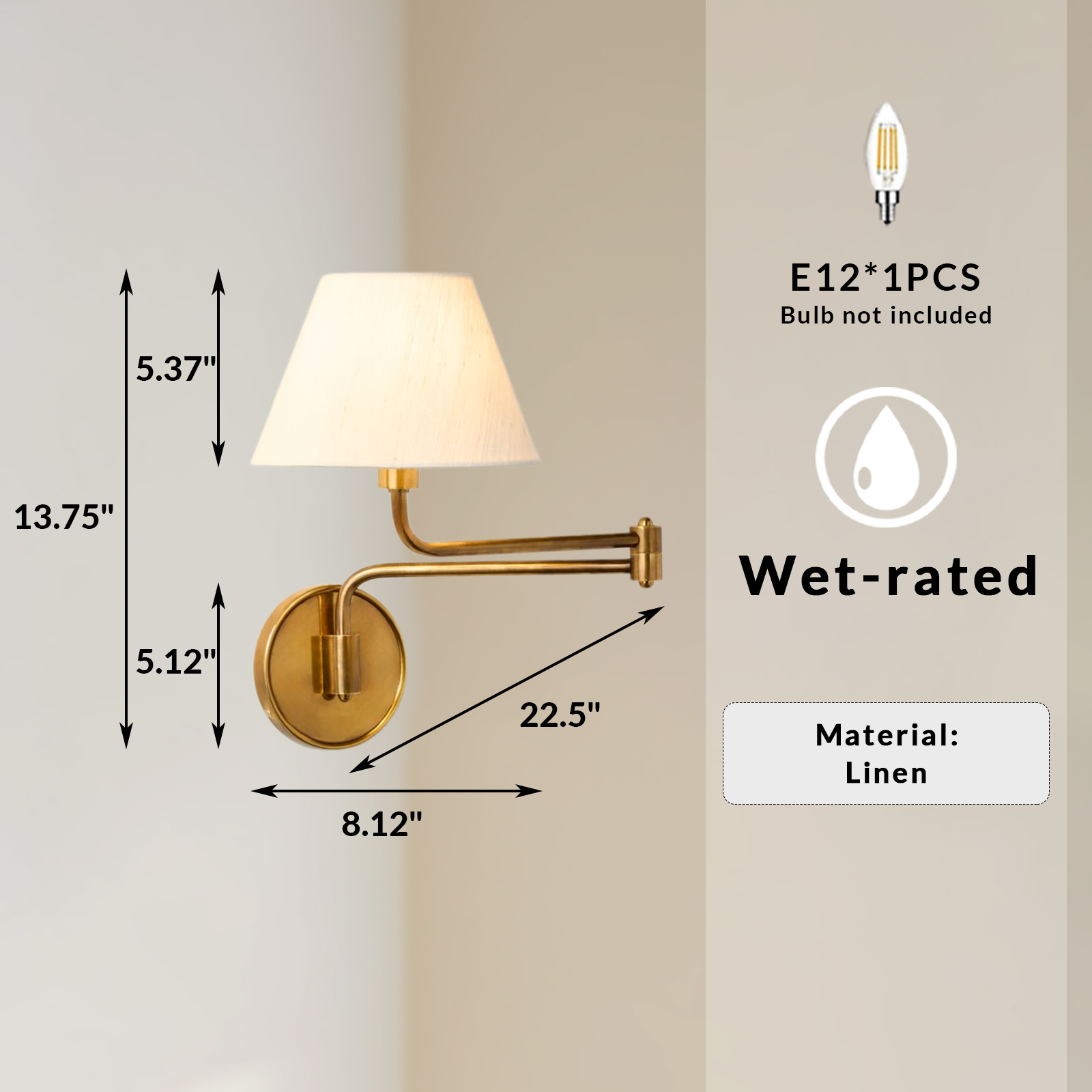 Ivory Silk Articulating Wall Sconce, Brass Swing Arm Wall Lamp, Adjustable Reading Light for Bedroom, Study, Living Room - Image 10