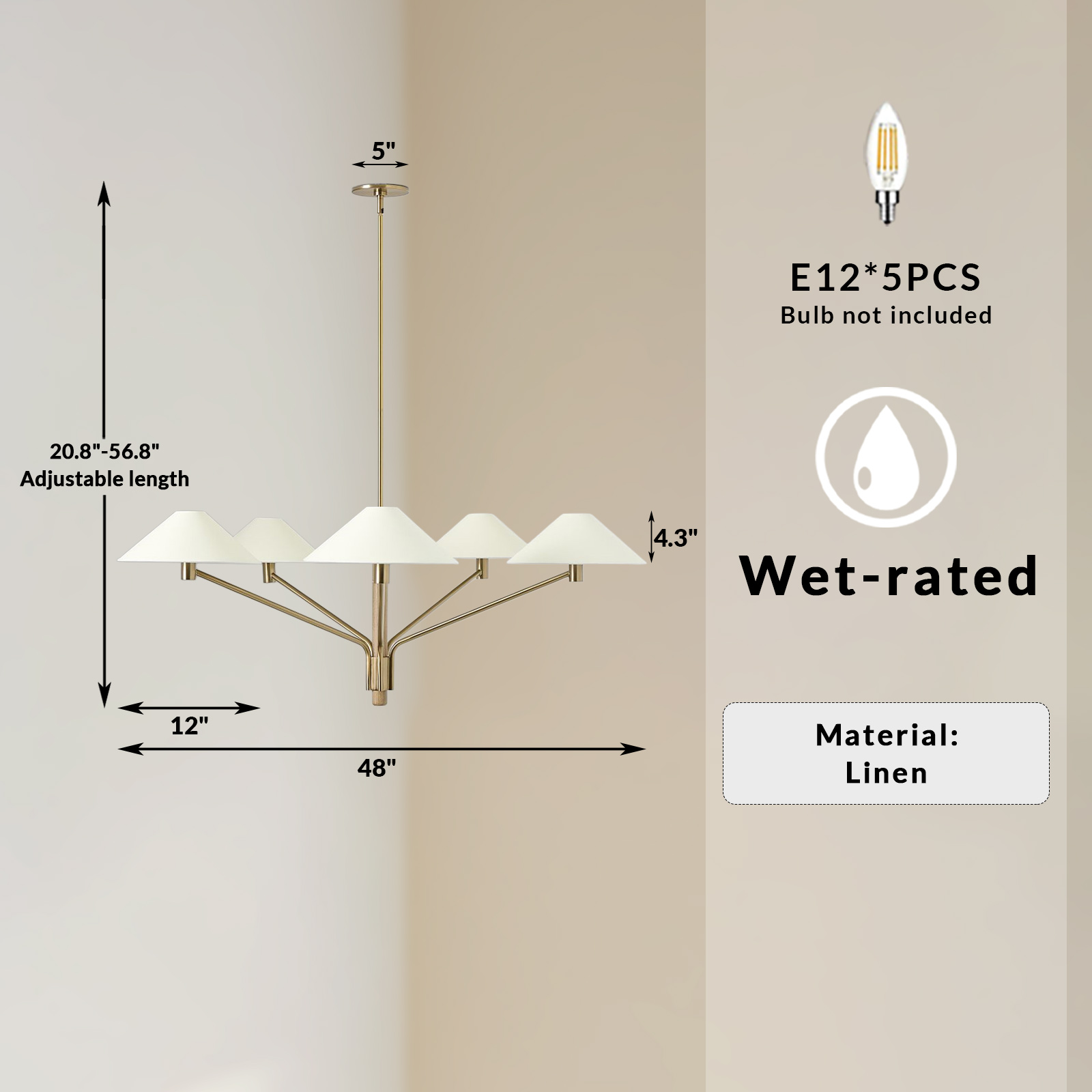 Modern 5-Light Chandelier, Mixed Material Brass Wood Chandelier, Paper Shade Pendant Light, Modern Natural Chandelier for Dining Room, Living Room, Entryway - Image 8