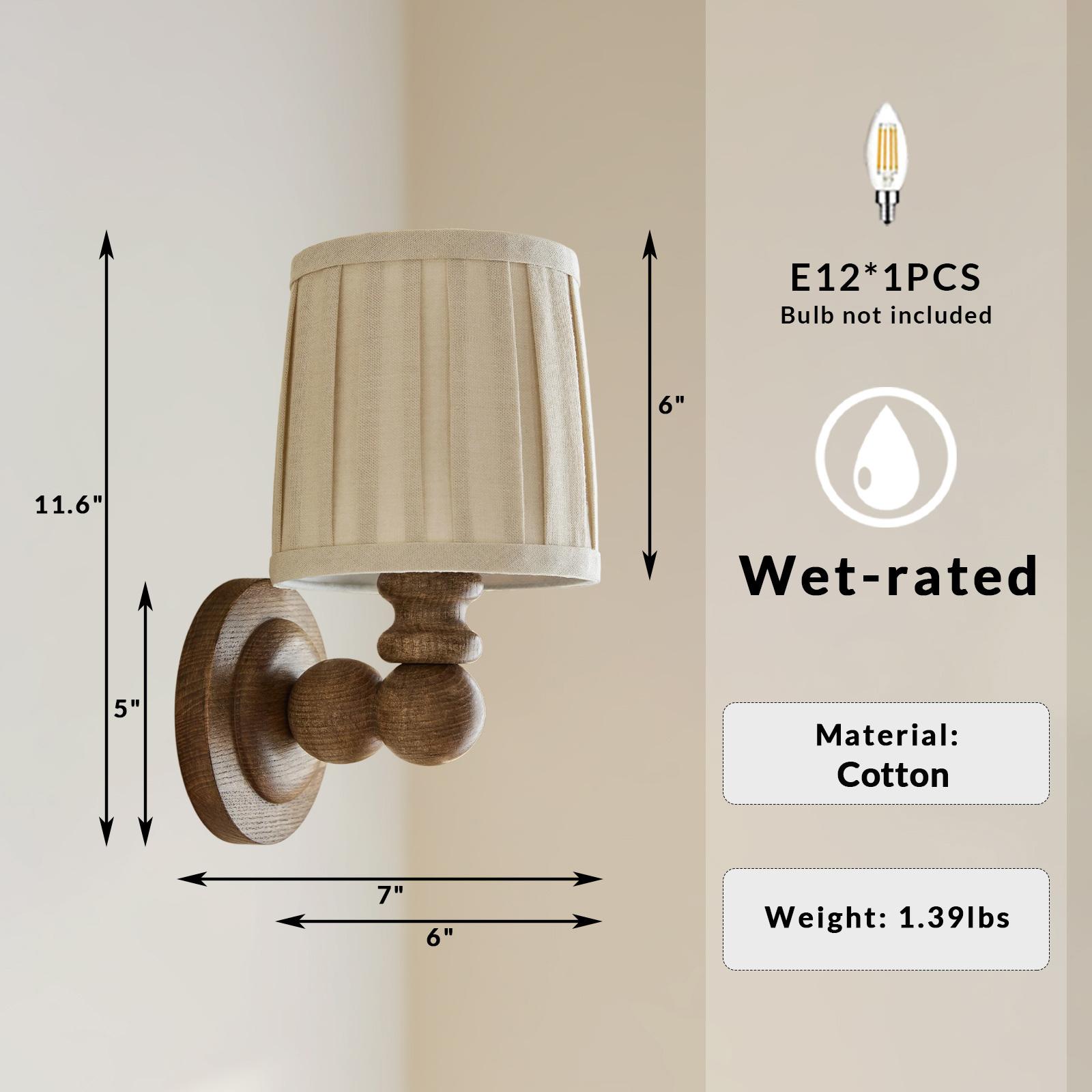 Turned Wood Sconce, Pleated Linen Sconce, Rustic Wall Lamp for Living Room, Bedroom, Entryway - Image 6