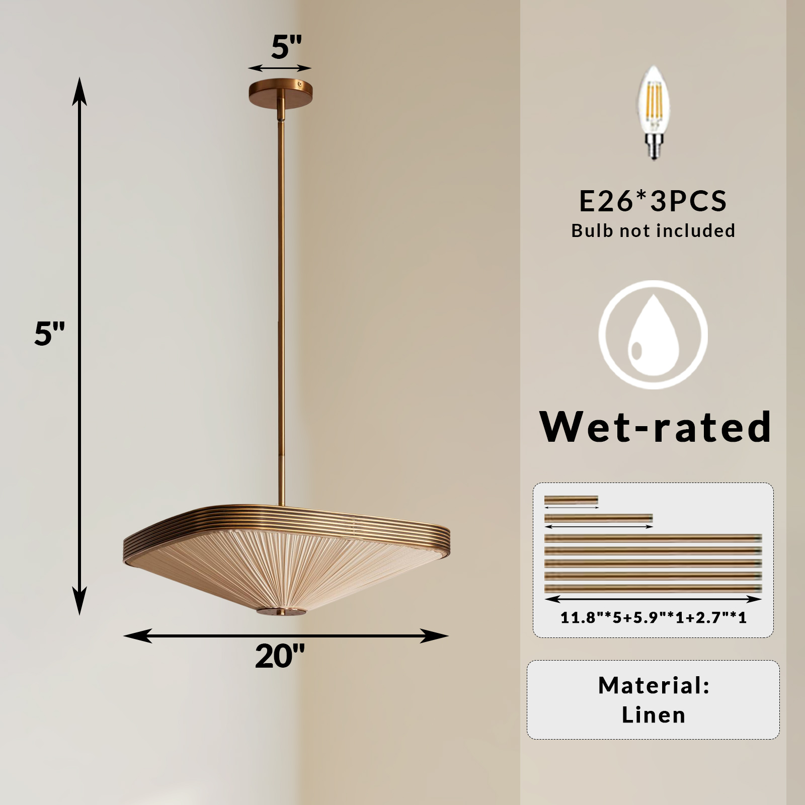 Ribbed Brass Square Pendant Light, Cream Pleated Silk Hanging Lamp for Living Room, Kitchen Island, Foyer - Image 10