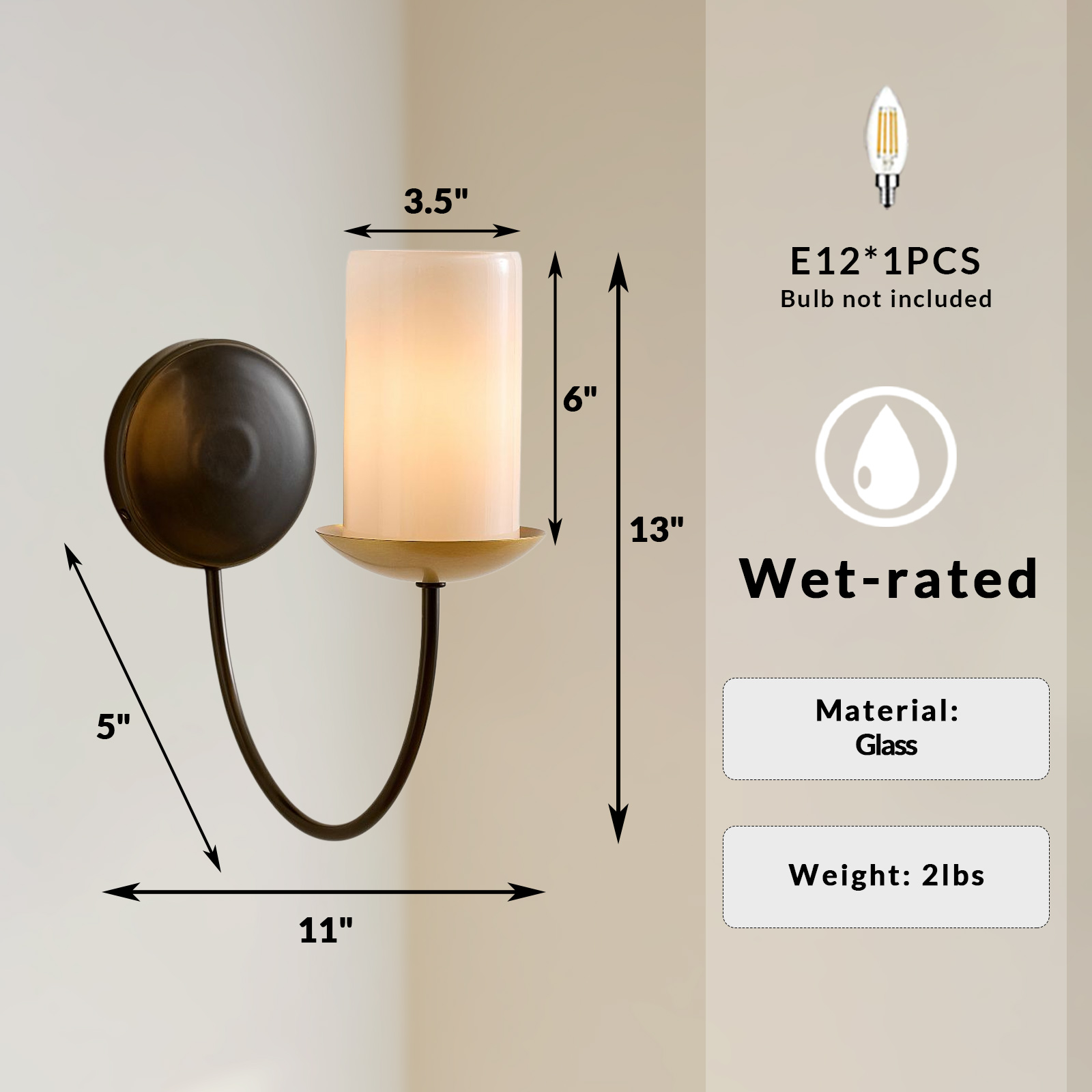 Modern Glass Wall Sconce, 13 Inch Black Wall Lamp for Bedroom, Bathroom, Indoor & Covered Outdoor Use - Image 10