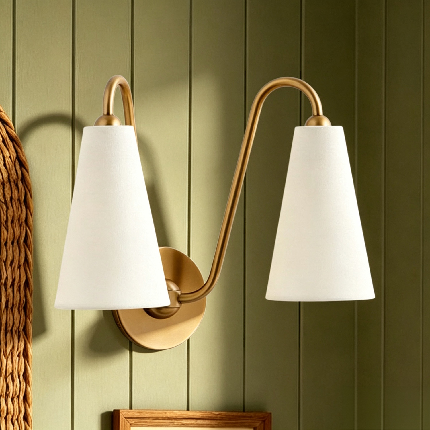 Brass Double Wall Sconce Light with White Fabric Shades, Modern Wall Lamp for Bedroom, Living Room, Entryway - Image 12