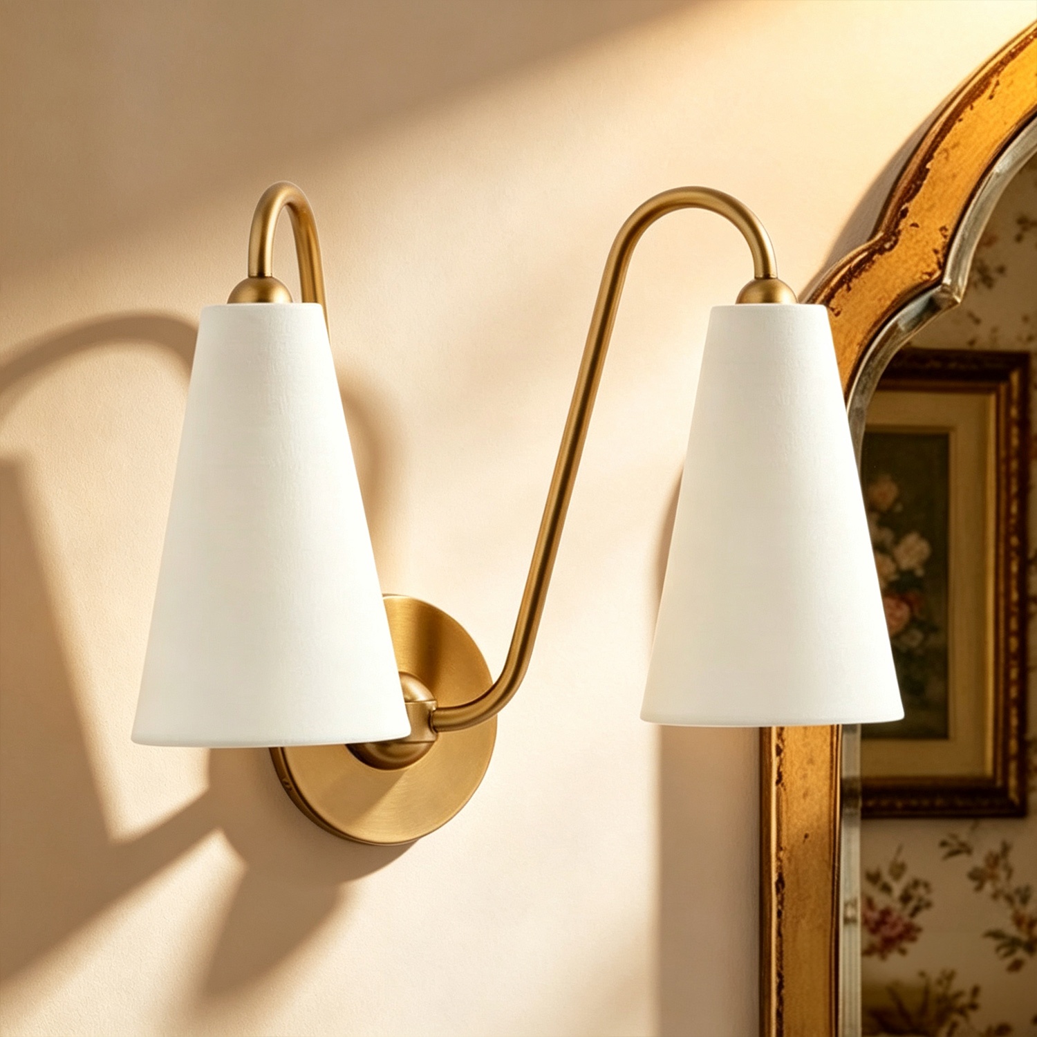 Brass Double Wall Sconce Light with White Fabric Shades, Modern Wall Lamp for Bedroom, Living Room, Entryway