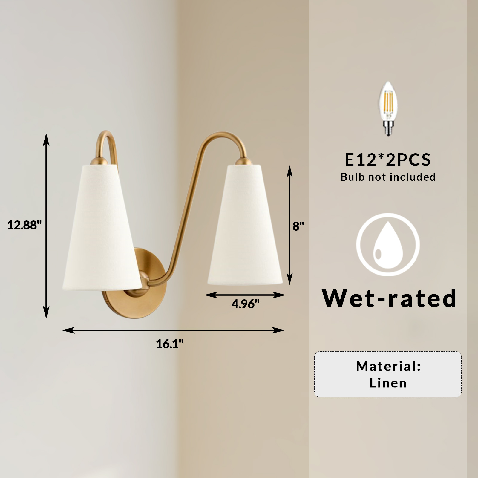 Brass Double Wall Sconce Light with White Fabric Shades, Modern Wall Lamp for Bedroom, Living Room, Entryway - Image 10